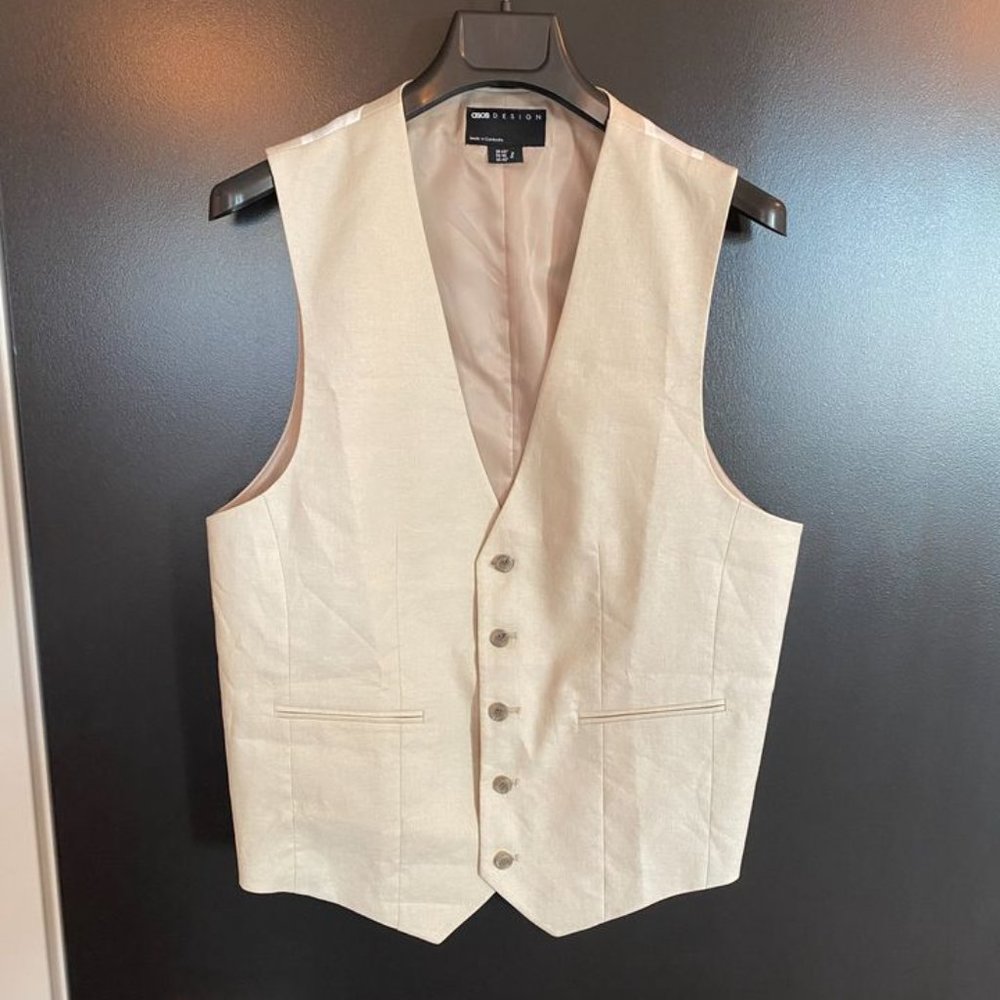 ASOS DESIGN wedding super skinny suit vest in stone linen mix (tan color)